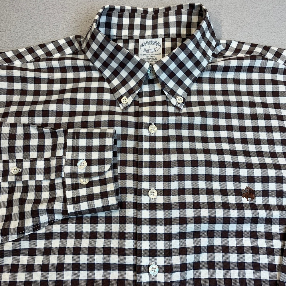 Brooks Brothers Mens Gingham Non-Iron Supima Cotton Shirt Brown White Large
